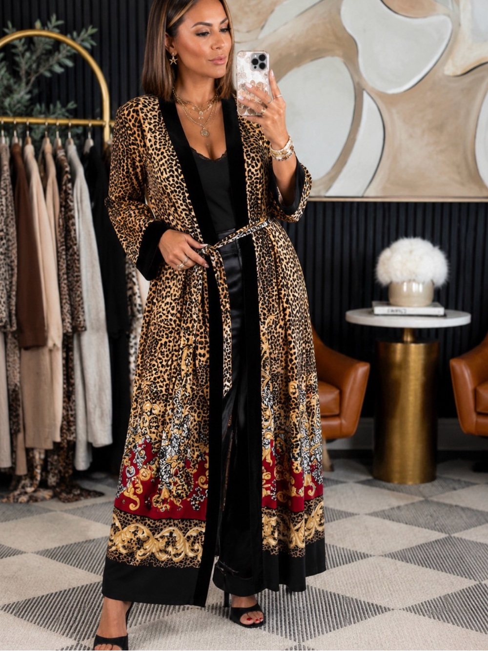 Sonoma Leopard & Baroque Long Robe with Black Trim and Red Accents